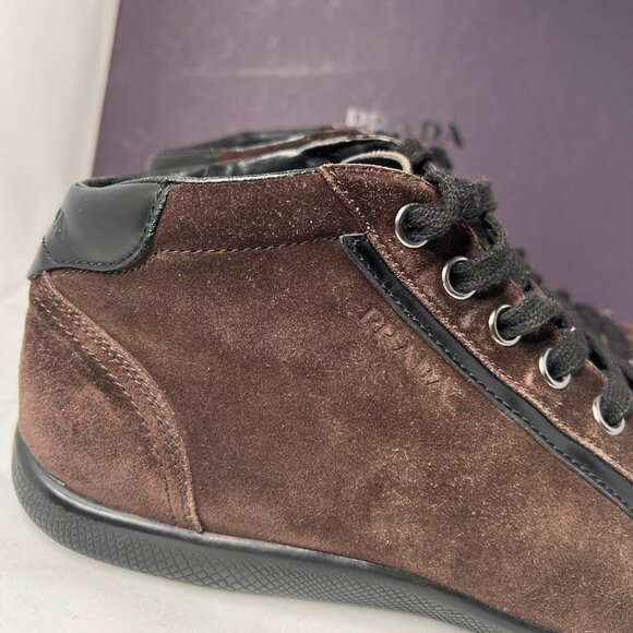 PRADA High Top laced Up Sneaker Suede Brown size 10.5 - Picture 4 of 14